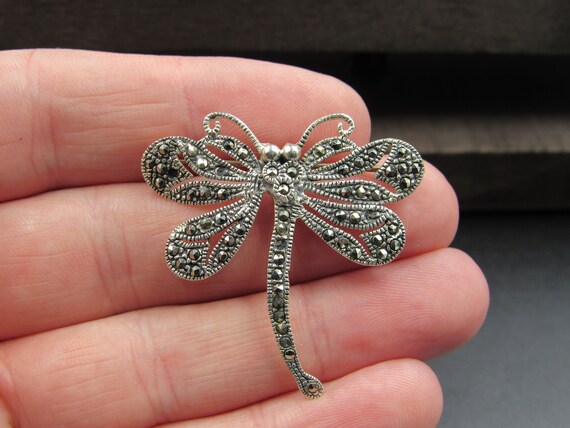 Sterling Silver Marcasite Dragonfly Pin Brooch - image 2