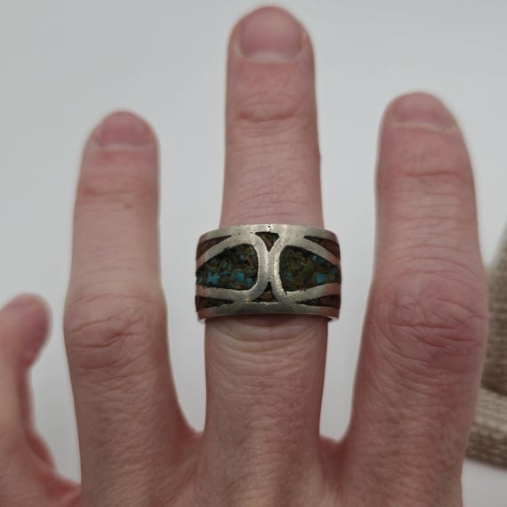 Size 9.5 Sterling Silver Worn Native Turquoise Co… - image 4