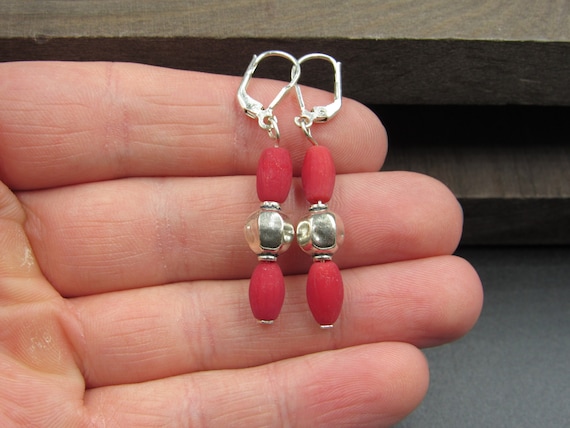 Sterling Silver Cool Red Shell Dangle Earrings - image 1