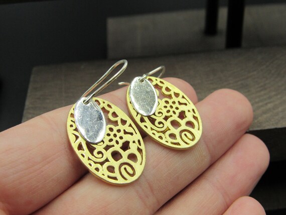 Sterling Silver Oval Complex Pattern Dangle Earri… - image 2