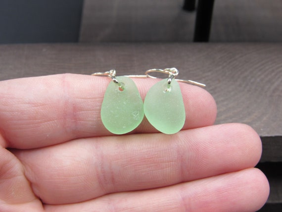 Sterling Silver Light Green Sea Glass Dangle Earr… - image 1