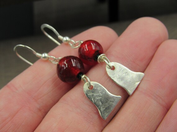 Sterling Silver Red Glass And Bell Shape Earrings… - image 2