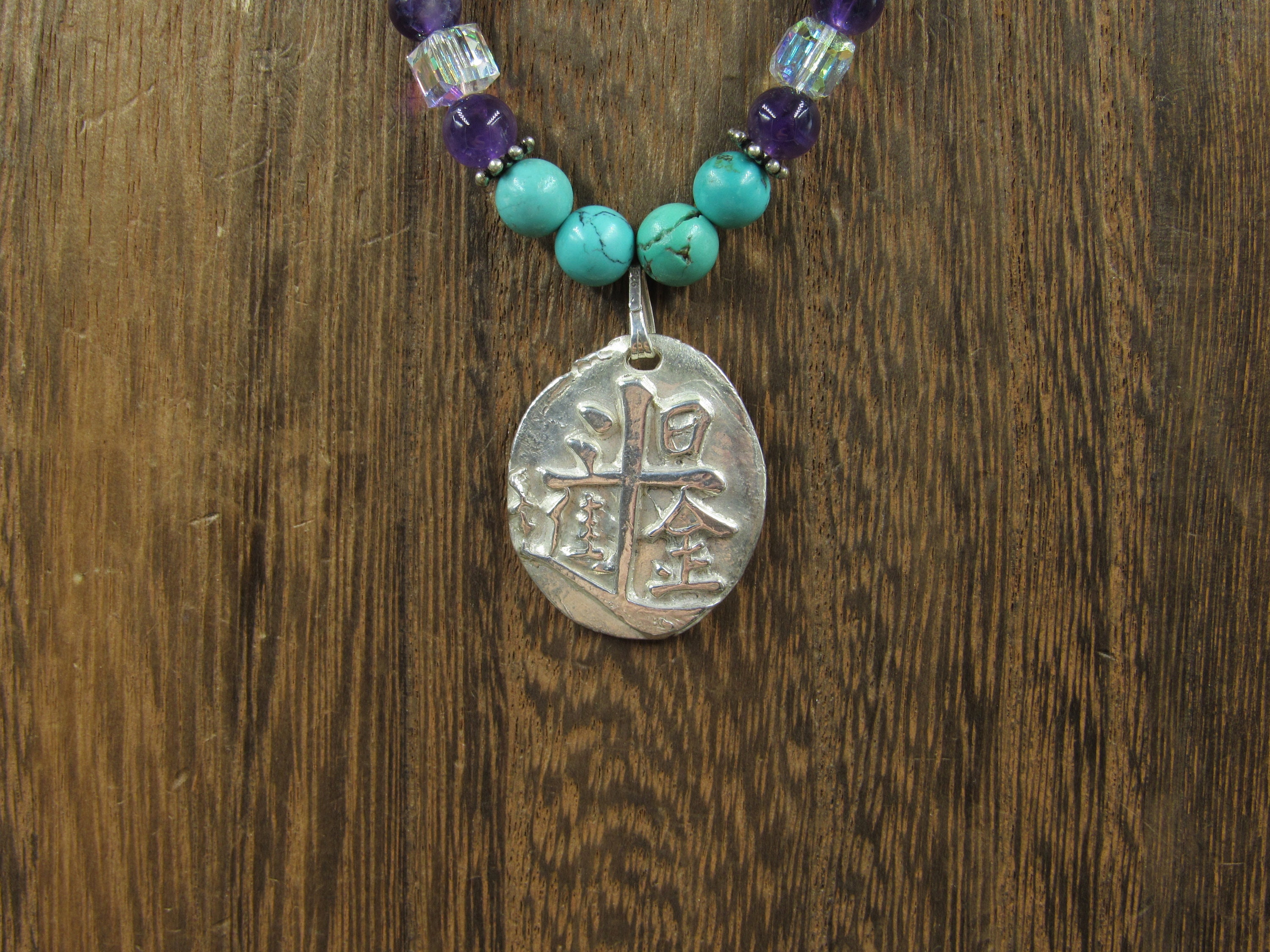 16" Sterling Silver Handmade Stone And Amethyst Asian Characters Pendant Necklace Vintage Minimalist Everyday Beautiful Sexy Special Gift