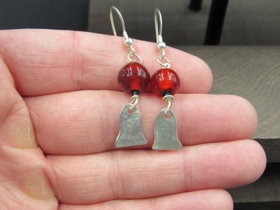 Sterling Silver Red Glass And Bell Shape Earrings… - image 1