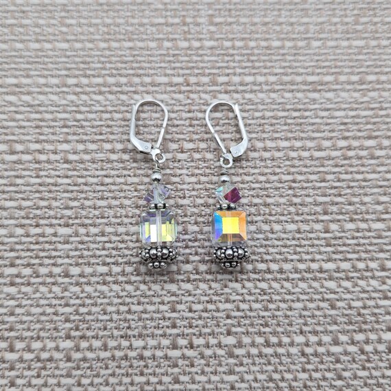 Sterling Silver Simple Crystal Cube Dangle Earrin… - image 1