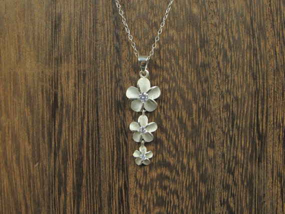 16" Sterling Silver Triple Flower CZ Diamond Neck… - image 1