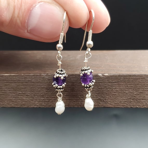 Sterling Silver Small Amethyst And Pearls Long Ea… - image 1