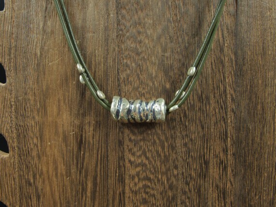 16" Sterling Silver & Green Leather Silpada Neckl… - image 1