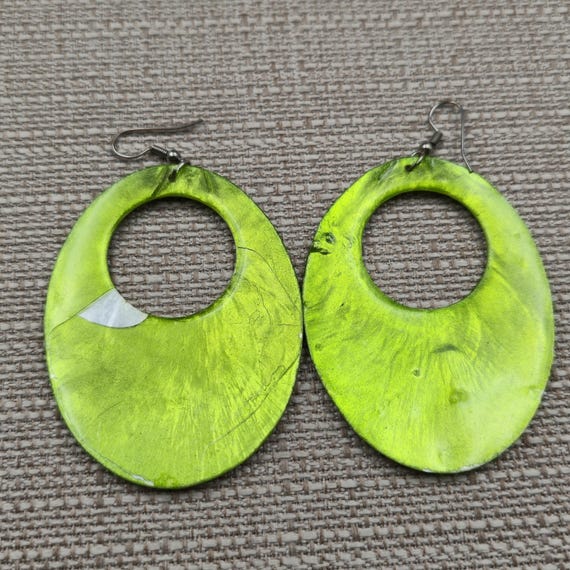 Silver Plated Large Green Shell Dangle Earrings B… - image 3