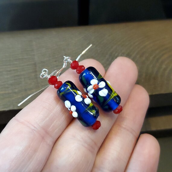 925 Sterling Silver Handmade Blue Red White Flora… - image 2