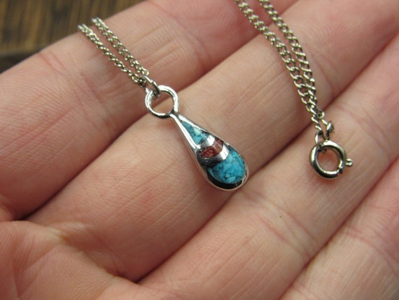 16" Silver Tone Turquoise And Coral Chip Pendant … - image 3