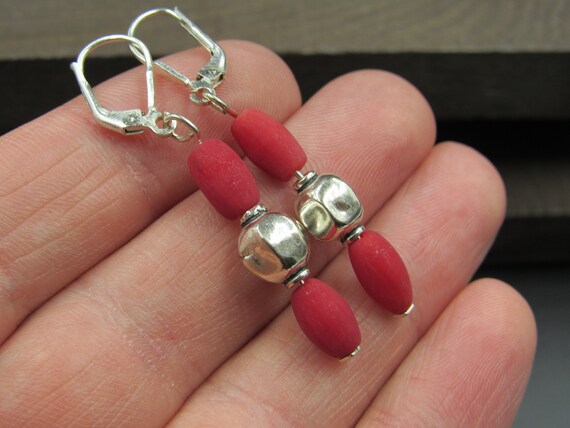 Sterling Silver Cool Red Shell Dangle Earrings - image 2