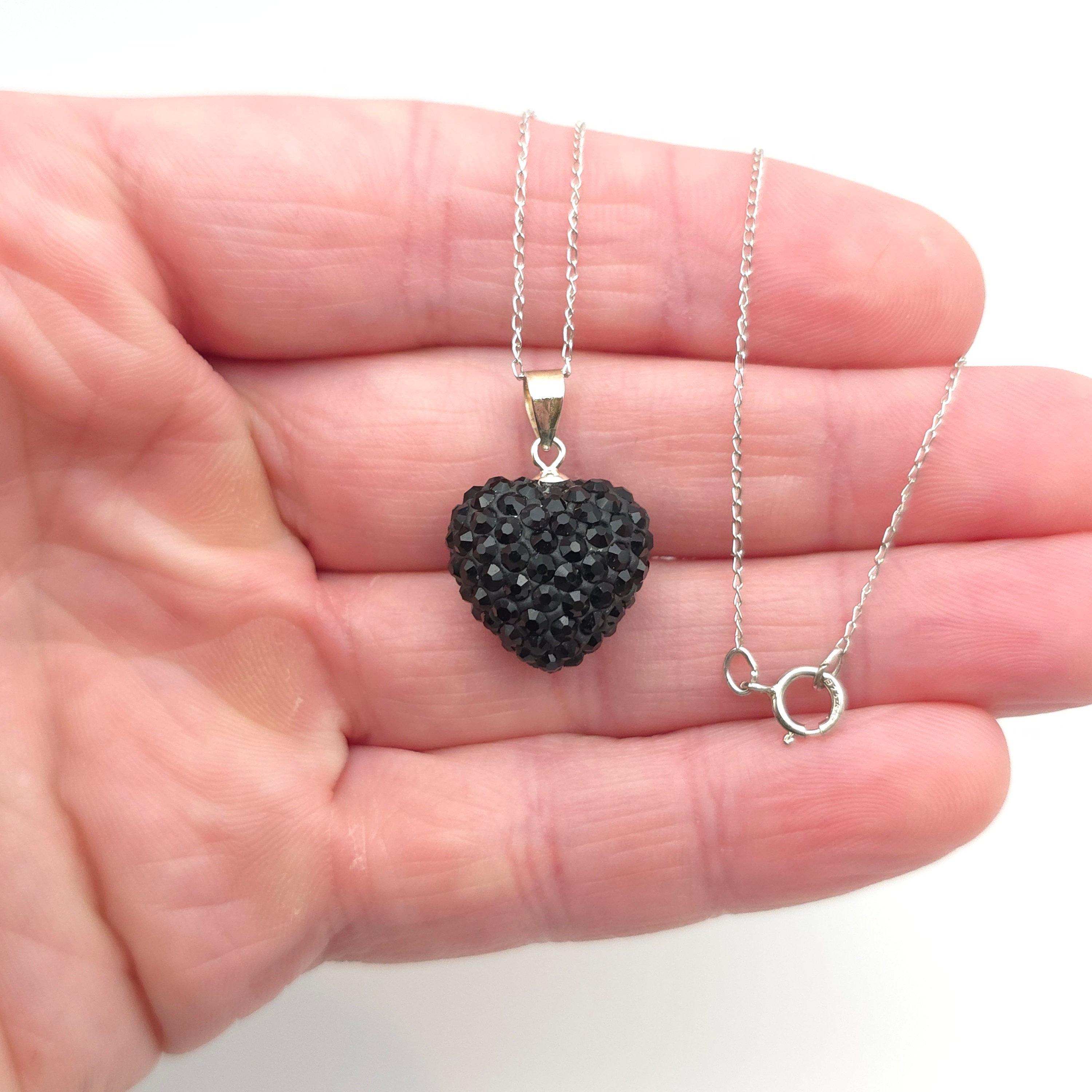 20 Inch 925 Sterling Silver Beautiful Black Heart Crystal Necklace