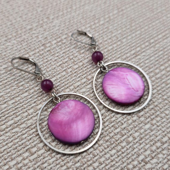 Silver Plated Purple Circle Shell Dangle Earrings… - image 2