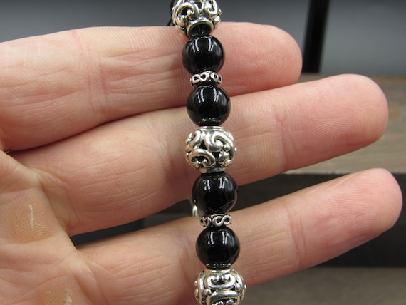 8" Sterling Silver Black Stone And Fancy Clasp Br… - image 2
