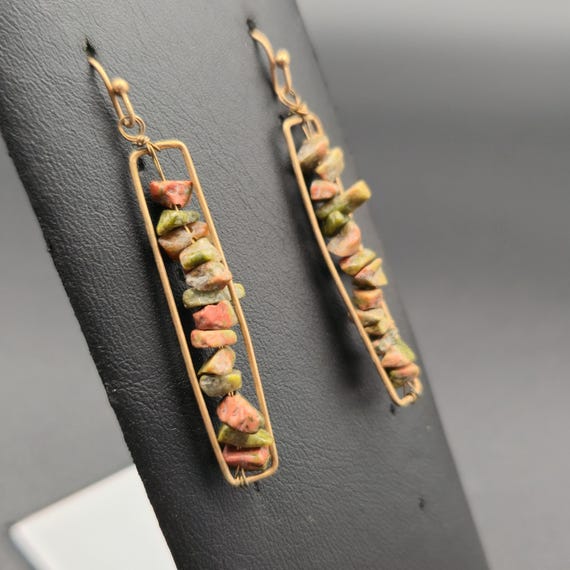 Copper Handmade Unakite Stone Dangle Earrings A62… - image 2