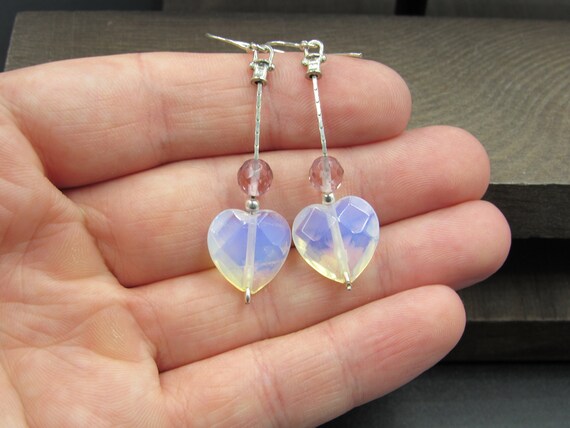 Sterling Silver Faceted Opaque Heart Dangle Earri… - image 1