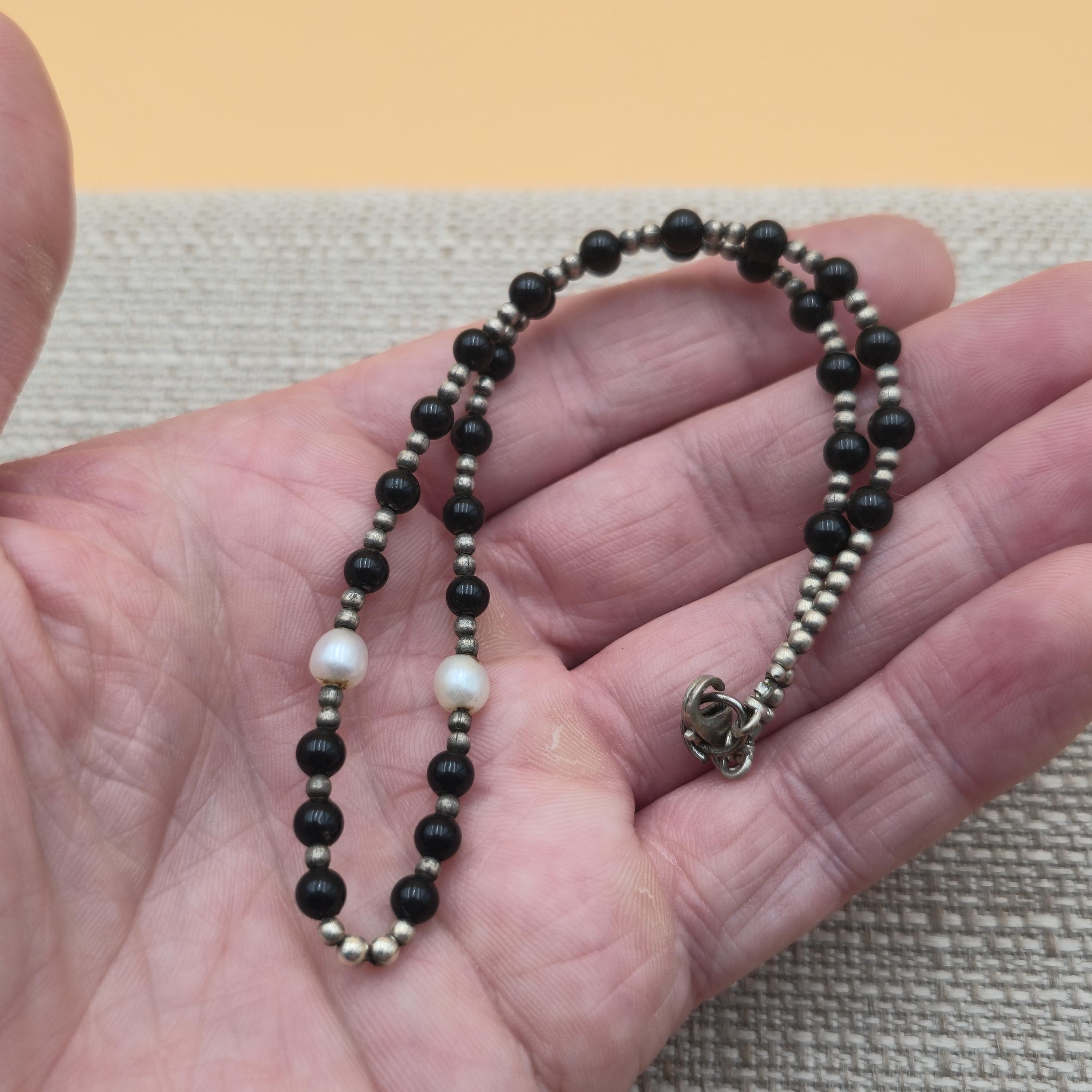 13 Inch Sterling Silver Onyx and Pearl Choker Necklace B636 - Etsy