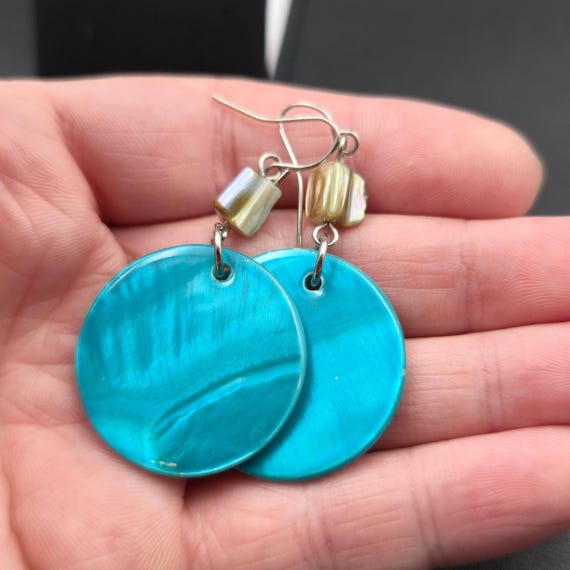 Silver Plated Circle Blue Shell Dangle Earrings A… - image 3
