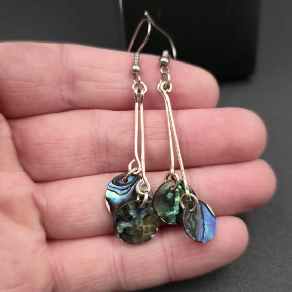 Silver Plated Over Copper Abalone Shell Long Earr… - image 3