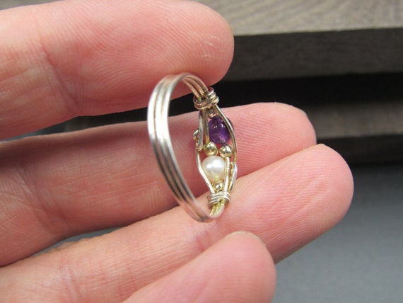 Size 9 Sterling Silver Wire Pearl & Amethyst Orb … - image 5
