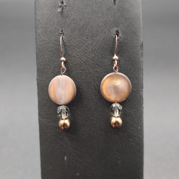 Copper Brown Circle Shell Dangle Earrings A6729 - image 1
