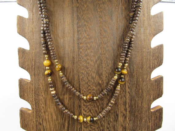 18" Wood & Tiger's Eye Necklace Vintage Costume J… - image 1