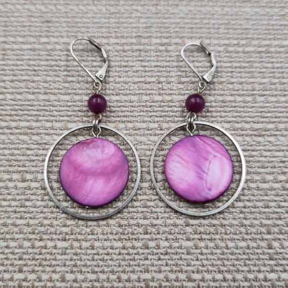 Silver Plated Purple Circle Shell Dangle Earrings… - image 1