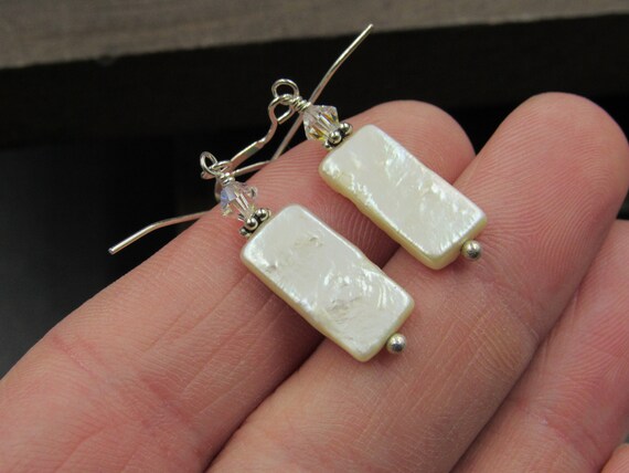 Sterling Silver Rectangle White Shell Handmade Ea… - image 2