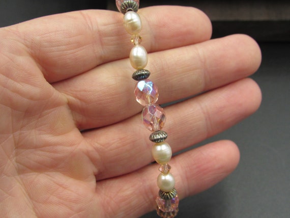 7" Sterling Silver Pink Crystal & Real Pearl Brac… - image 2