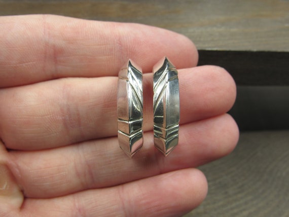 Sterling Silver Abstract Pattern Half Hoop Earrin… - image 1