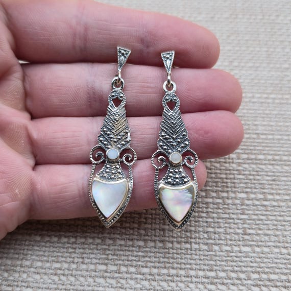 Sterling Silver Worn Shell Long Rustic Dangle Ear… - image 1