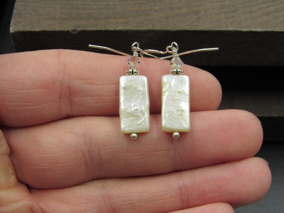 Sterling Silver Rectangle White Shell Handmade Ea… - image 1