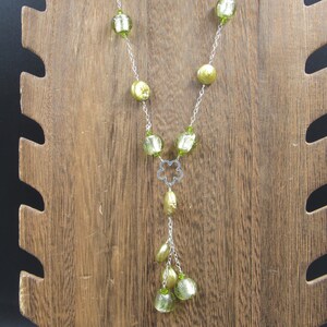 24 Inch Sterling Silver Green Pearl And Glass Tassel Style Necklace