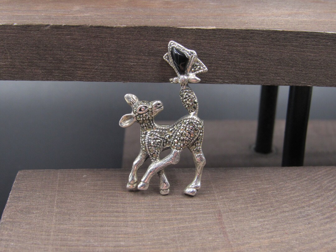 Sterling Silver Marcasite Baby Deer With Onyx Stone Pin