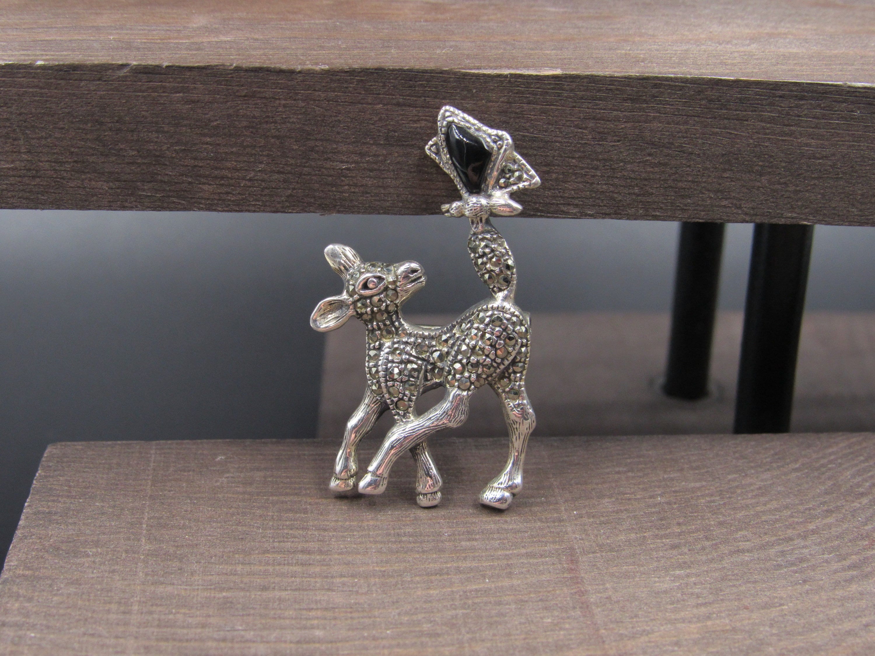 Sterling Silver Marcasite Baby Deer With Onyx Stone Pin