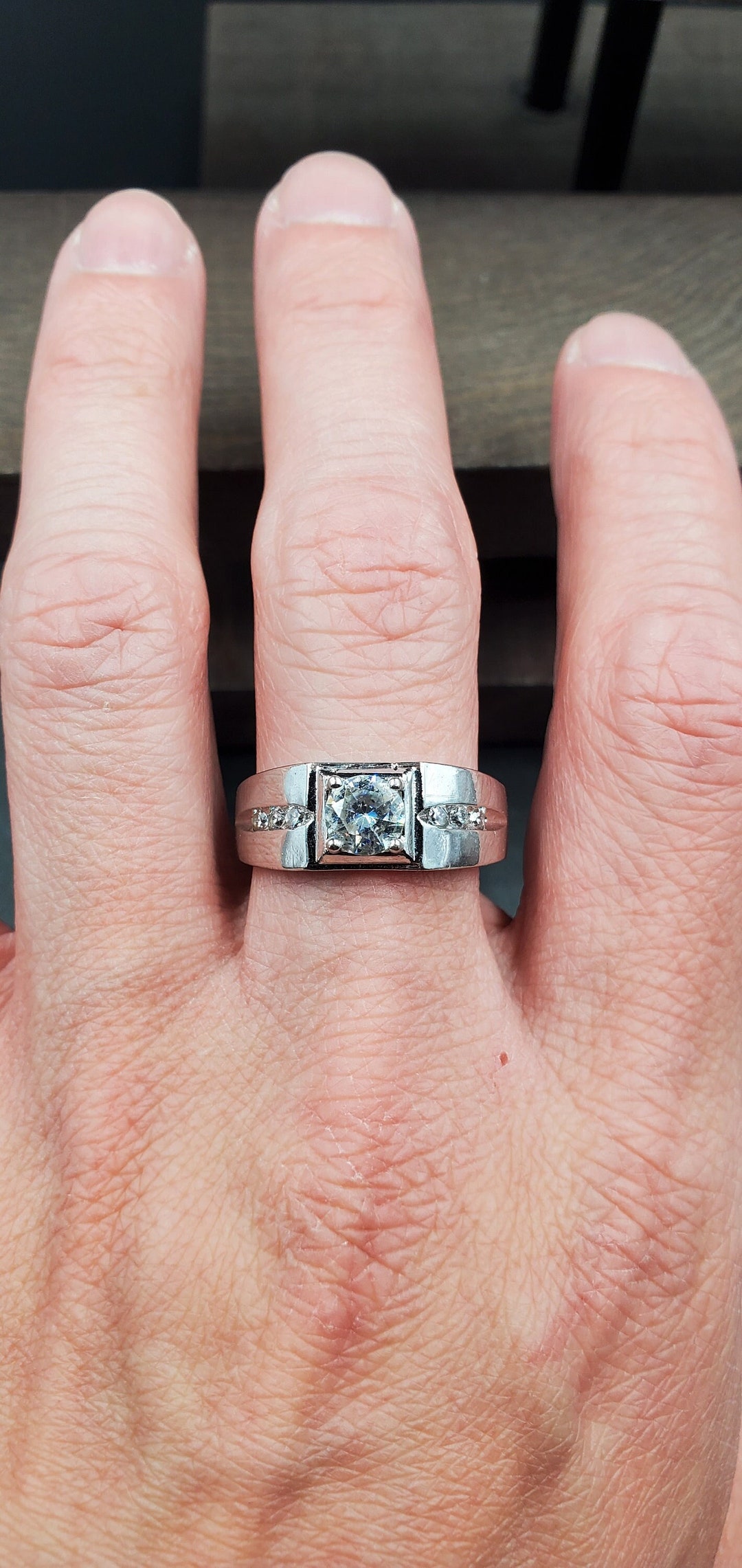 Size 9.5 Silver Tone Heavy Cool Cubic Zirconia Gem Band Ring