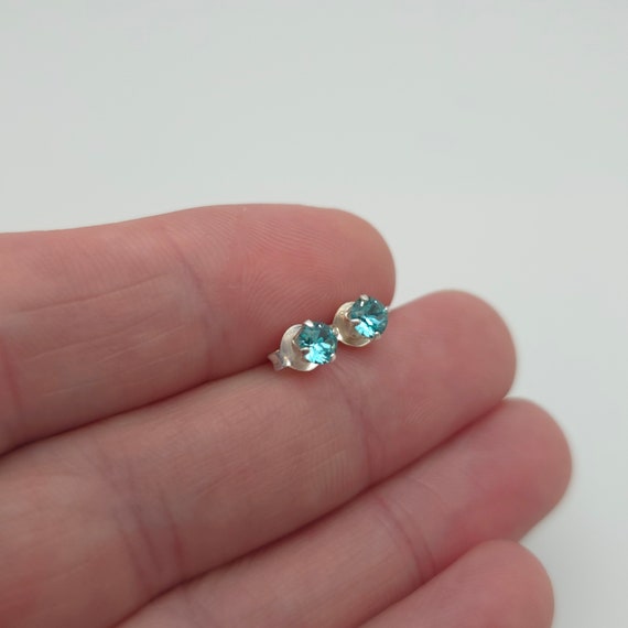 Sterling Silver Tiny Blue Crystal Stud Earrings A… - image 2