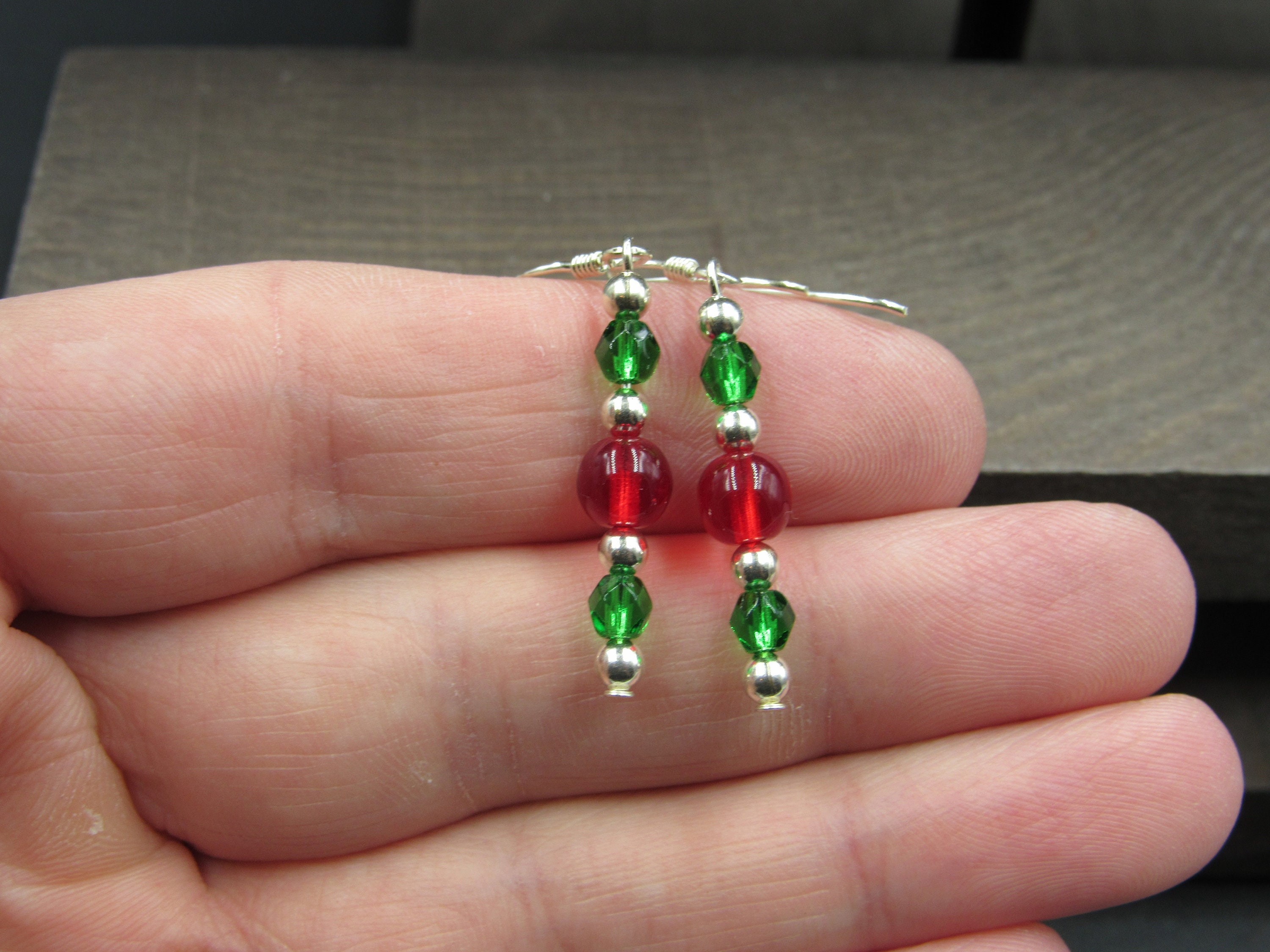 30mm Red & Green Glass Christmas Bell Drop Earrings On Sterling Silver Hooks 