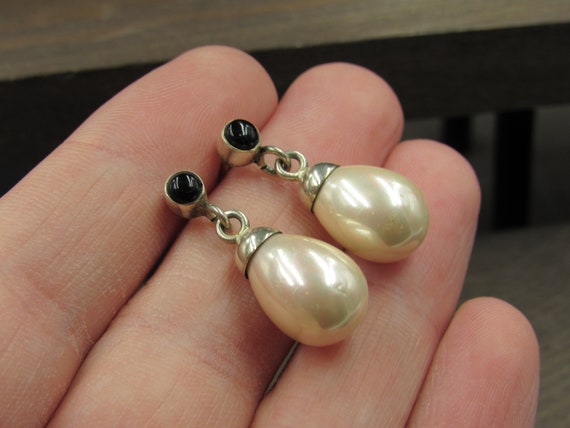 Sterling Silver Large Cream Color Faux Pearl Earr… - image 2