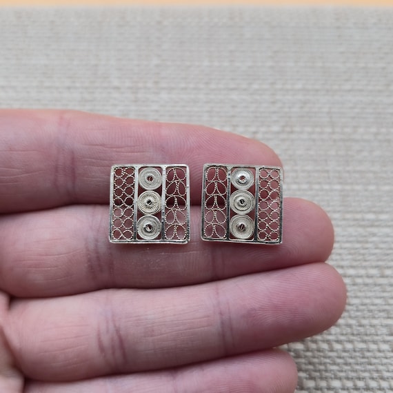 Sterling Silver Square Unique Pattern Stud Earrin… - image 1
