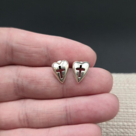 Sterling Silver Religious Cross Heart Stud Earrings A6979