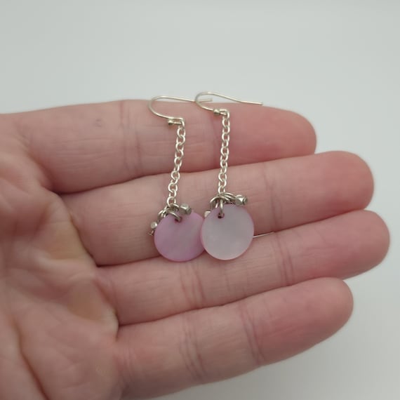 Sterling Silver Pink Shell Rustic Long Earrings A… - image 1