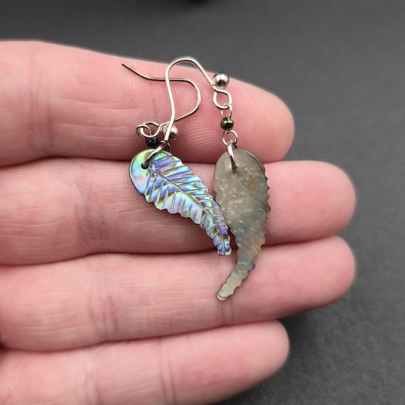 Silver Plated Abalone Shell Carved Leaf Dangle Ea… - image 3