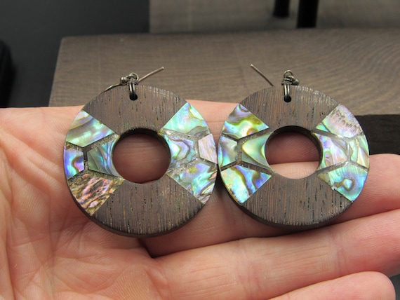 Sterling Silver Abalone & Wood Circle Earrings Vi… - image 1