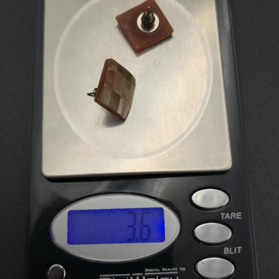 Silver Plated Checkered Shell Square Earrings A68… - image 5