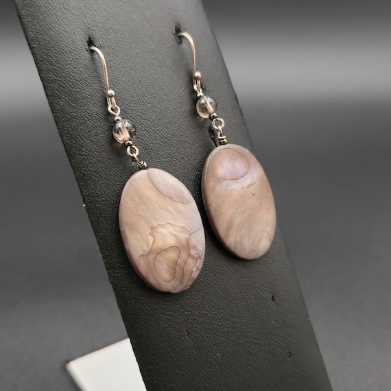 Sterling Silver Oval Dark Shell Dangle Earrings A… - image 2