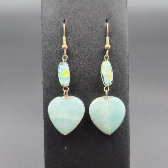 Silver Plated Amazonite Heart Stone Dangle Earrin… - image 1