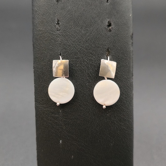 Sterling Silver White Shell Square Face Dangle Ea… - image 1