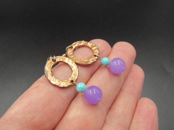 Sterling Silver & Copper Circle Amethyst Ball Ear… - image 2